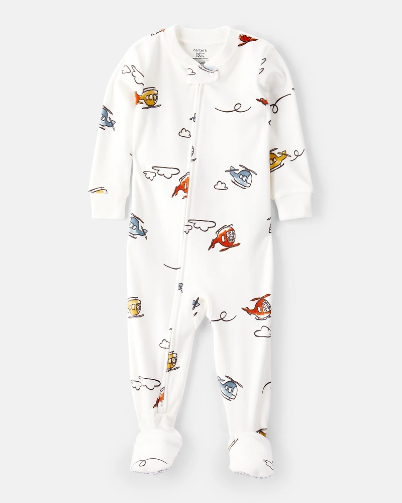 Baby Boy Helicopter Print DreamPlush Snug Fit Long-Sleeve 2-Way Zip 1-Piece Pajamas - White