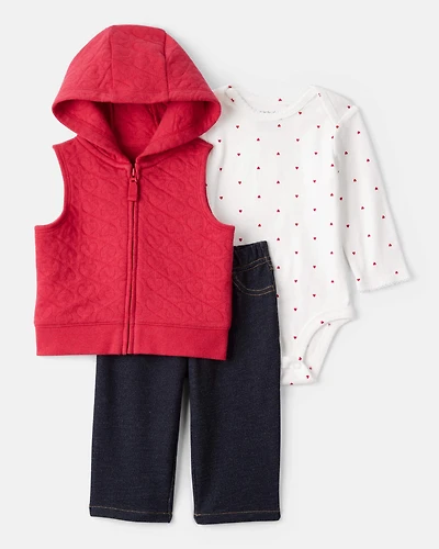 Baby Girl 3-Piece Heart Quilted Vest Outfit Set - Red
