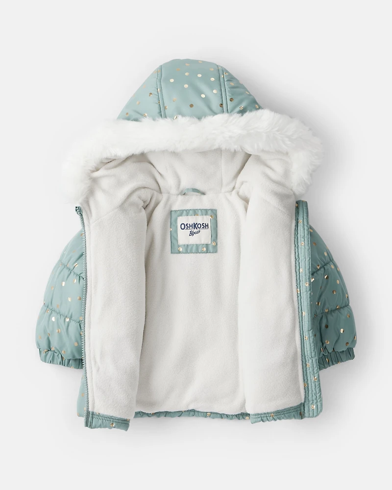 Baby Girl 2-Piece Polka Dot Hooded Snowsuit Jacket & Bib Set - Green