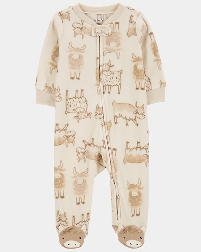 Baby Boy Highland Cow Zip-Up Fleece Sleep & Play Pajamas - Cream
