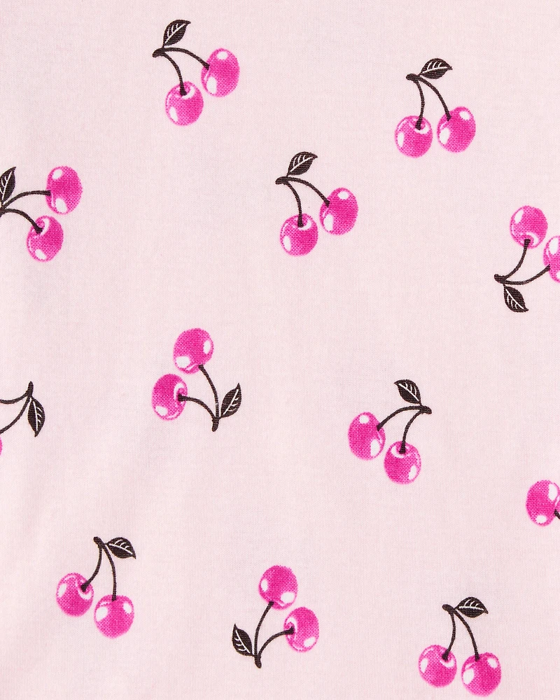 Girls Cherries Print 100% Cotton Long-Sleeve 4-Piece Pajamas - Pink/White
