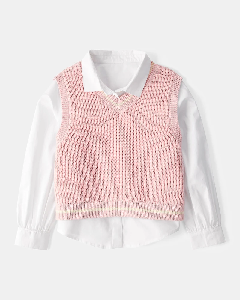 Kid 2-Piece Button-Front Shirt & Sweater Vest Top - Pink/White