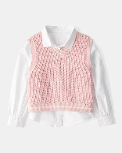 Kid 2-Piece Button-Front Shirt & Sweater Vest Top - Pink/White