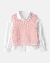 Kid 2-Piece Button-Front Shirt & Sweater Vest Top - Pink/White