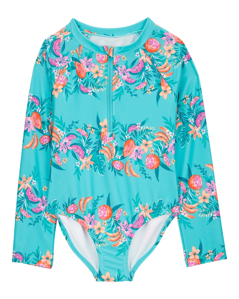 Girls 1-Piece Floral Print Rashguard Swimsuit - Turquoise