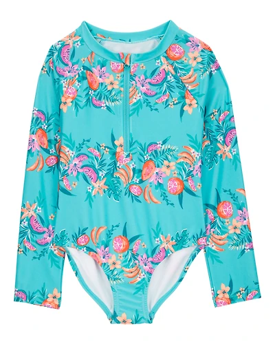 Girls 1-Piece Floral Print Rashguard Swimsuit - Turquoise