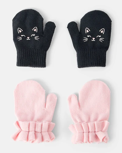 Toddler Girl 2-Pack Cat Ruffled Winter Mittens - Pink/Black