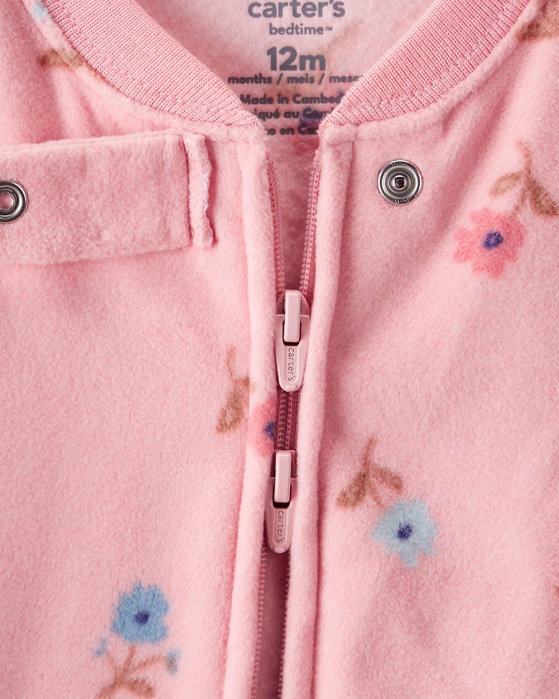 Baby Girl Butterfly & Floral Print Loose Fit Long-Sleeve 2-Way Zip 1-Piece Pajamas - Pink