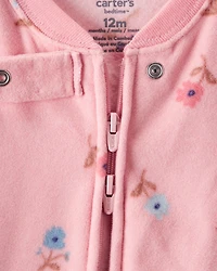 Baby Girl Butterfly & Floral Print Loose Fit Long-Sleeve 2-Way Zip 1-Piece Pajamas - Pink