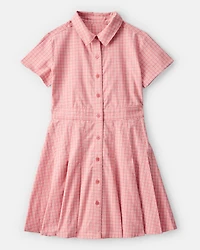 Kid Plaid Button-Down Short-Sleeve Shirt Dress - Pink