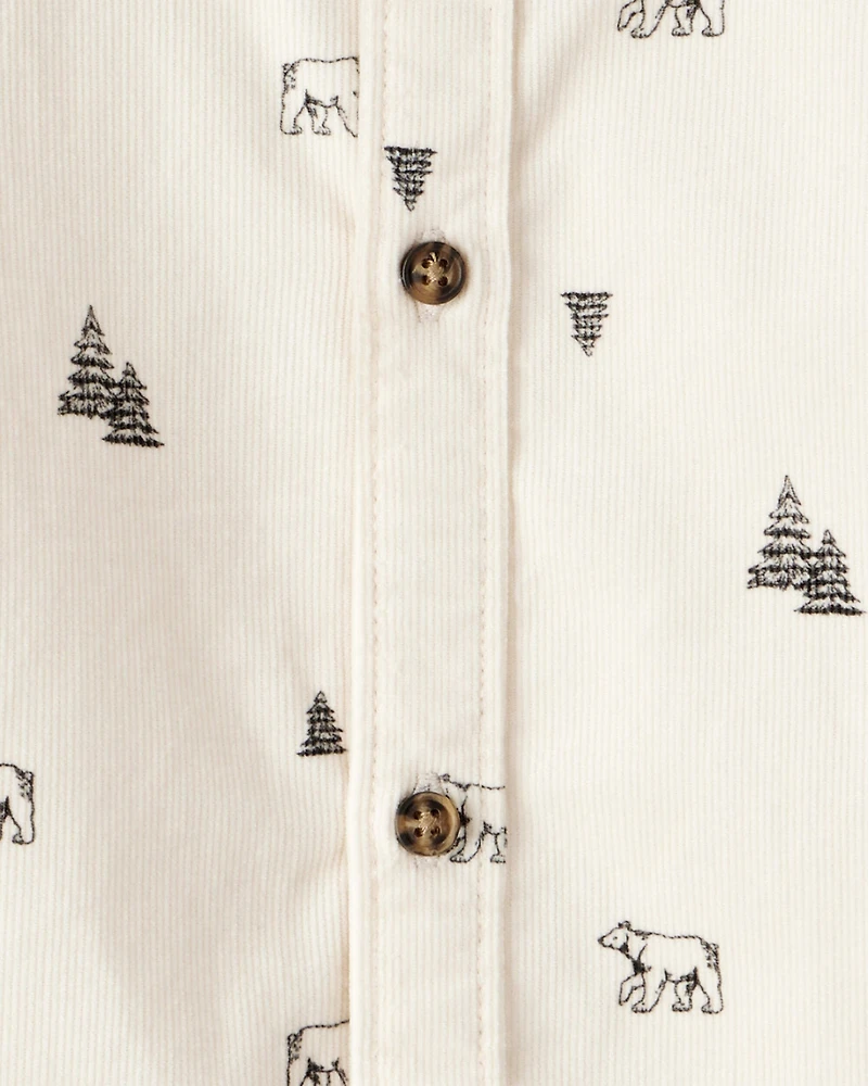 Toddler Boy Winter Print Corduroy Long-Sleeve Button-Down Shirt - Ivory