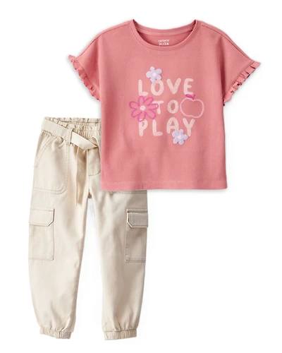 Toddler Girl 2-Piece Love to Play Graphic Tee & Cotton Cargo Joggers Set - Ivory/Pink