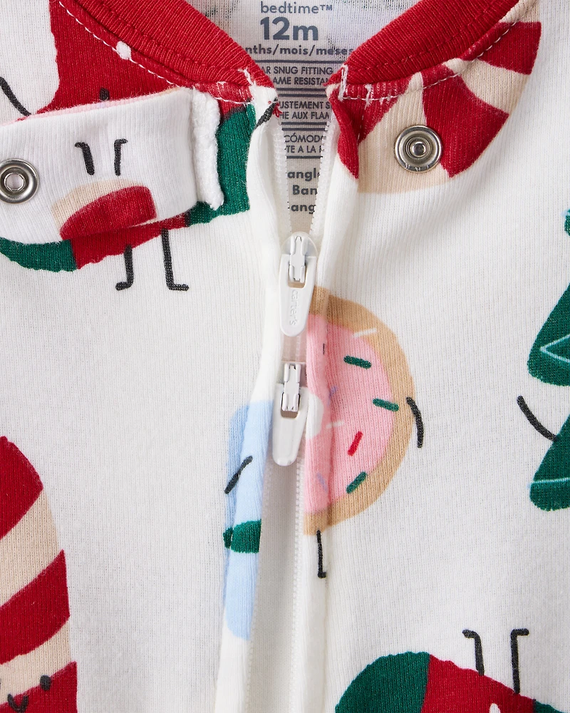 Baby Festive Friends Santa Christmas 100% Cotton Long-Sleeve Snug Fit 2-Way Zip 1-Piece Pajamas - White