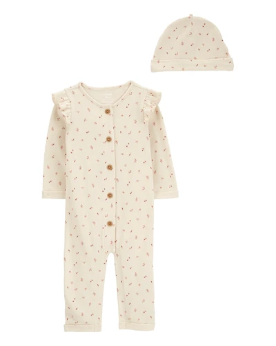 Baby Girl 2-Piece Button-Down Jumpsuit & Cap Set - Ivory