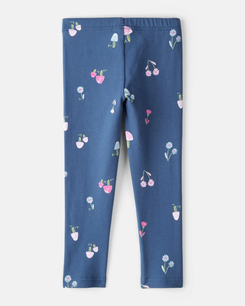Toddler Girl Floral Cotton Pull-On Stretch Leggings - Blue