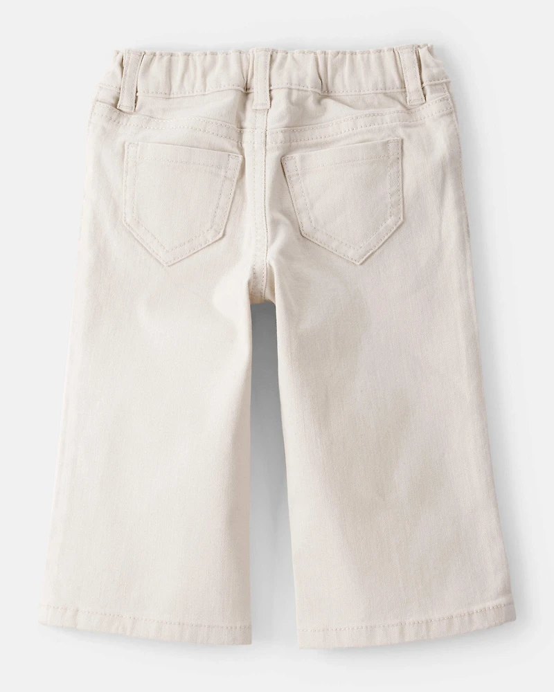 Baby Embroidered Stretch Denim Wide Leg Jeans - Cream