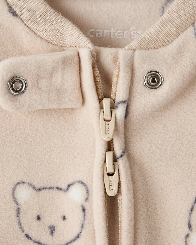 Baby Boy Bear Fleece Loose Fit 2-Way Zip Sleep & Play Pajamas - Khaki