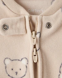 Baby Boy Bear Fleece Loose Fit 2-Way Zip Sleep & Play Pajamas - Khaki