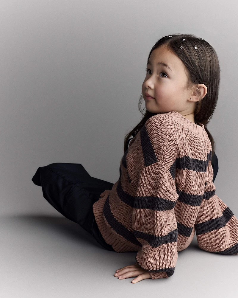 Toddler Girl Striped Puff-Sleeve Cardigan with Bows - Mocha Brown/Black