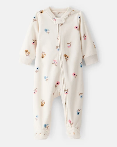 Baby Girl Floral Print Loose Fit Long-Sleeve 2-Way Zip Sleep & Play - Cream