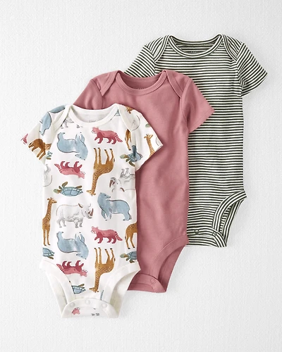 Baby Organic Cotton Rib 3-Pack Animal & Striped Bodysuits