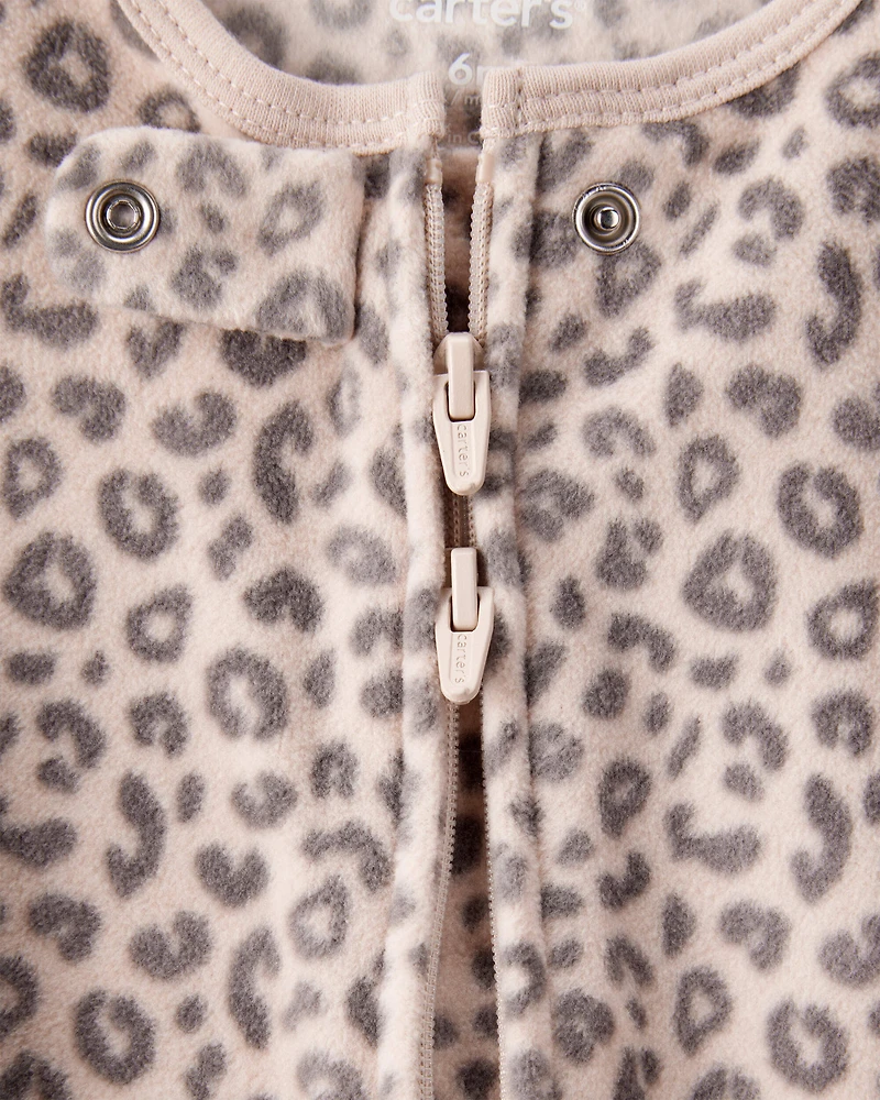 Baby Girl Leopard Print Loose Fit Long-Sleeve Sleep & Play Pajamas - Cream/Brown
