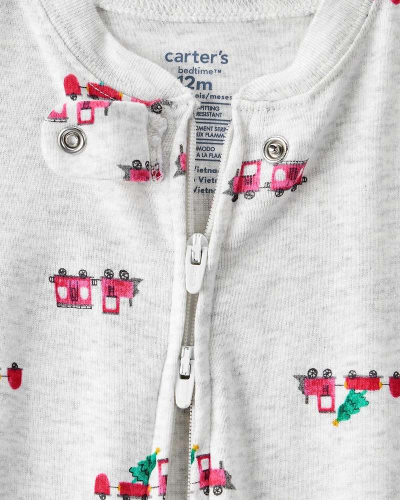 Baby Boy Train Print Cotton Long-Sleeve Snug Fit 1-Piece Pajamas - Grey