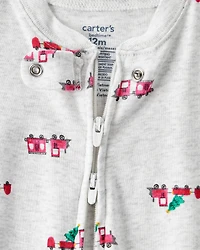 Baby Boy Train Print Cotton Long-Sleeve Snug Fit 1-Piece Pajamas - Grey