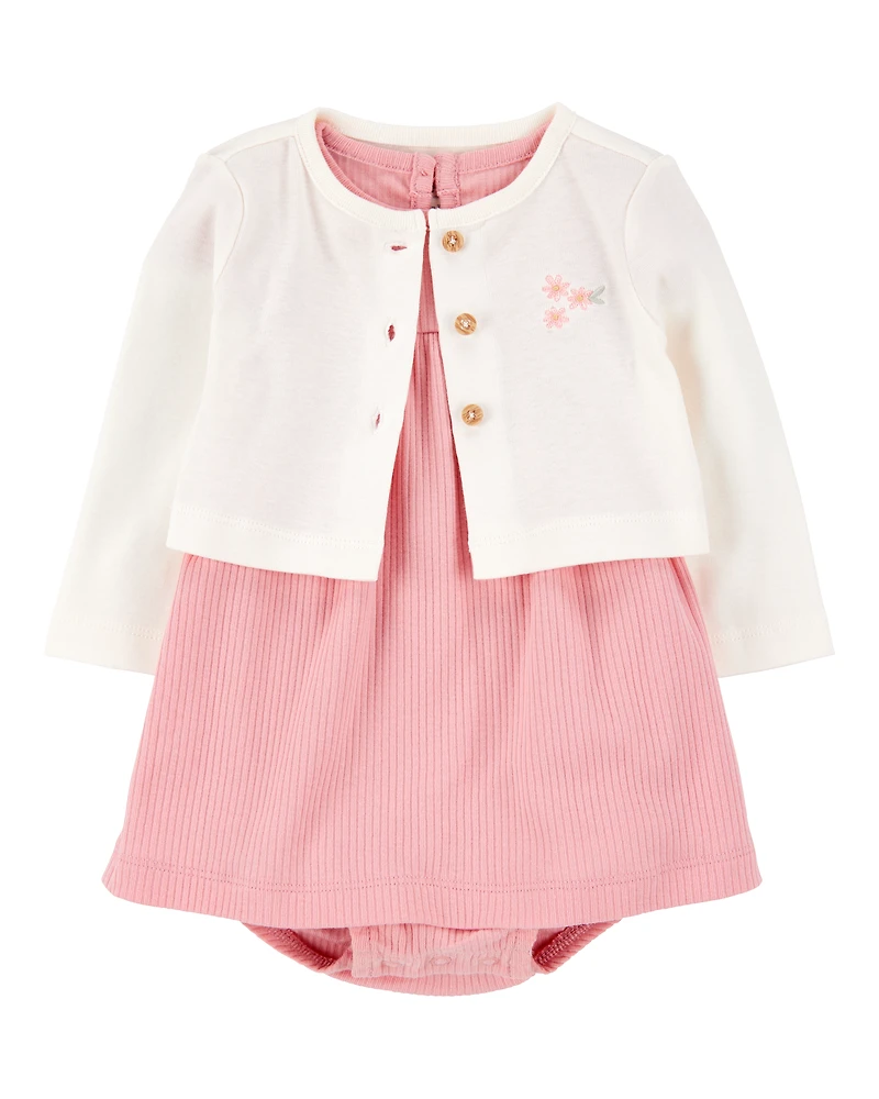 Baby 2-Piece Bodysuit Dress & Cardigan Set - Pink/Ivory