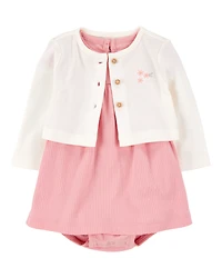 Baby 2-Piece Bodysuit Dress & Cardigan Set - Pink/Ivory