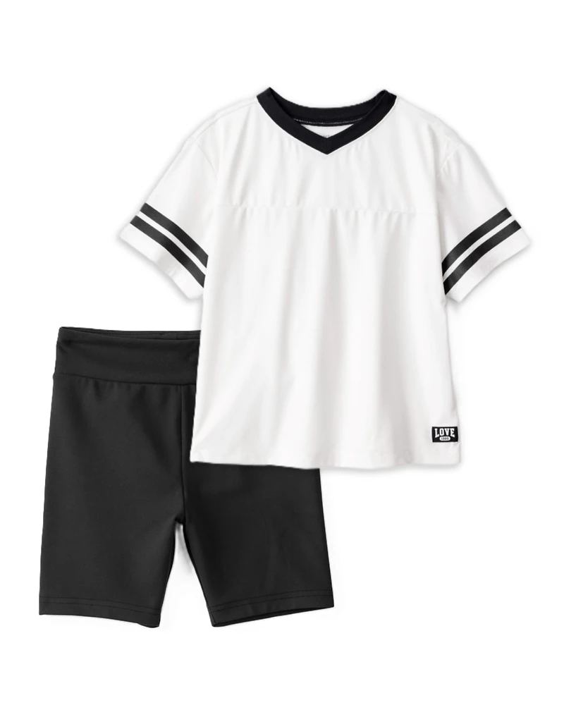 Girls 2-Piece Short-Sleeve Graphic Tee & Bike Shorts Set - White/Black