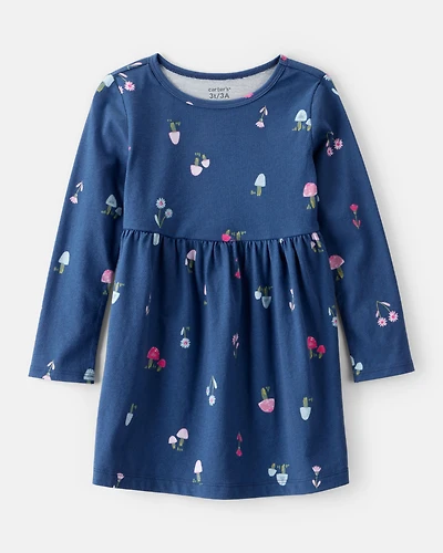 Toddler Girl Mushroom Print Long-Sleeve Cotton Dress - Blue