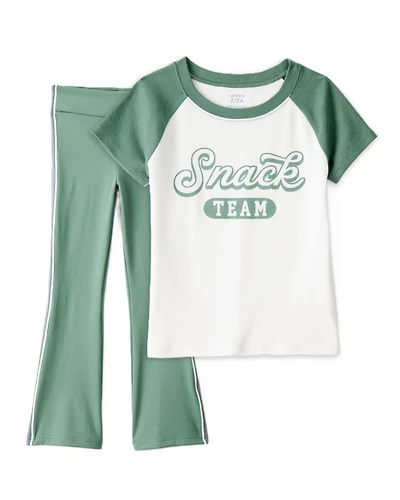 Girls 2-Piece Snack Team Graphic Tee & Knit Flare Active Pants Set - Green/White