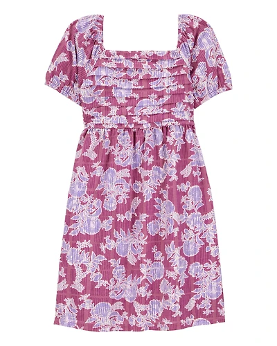 Kid Smocked Floral Print Dress - Pink