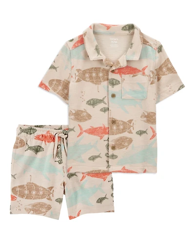 Baby 2-Piece Sea Print Button-Down Shirt & Pull-On Shorts Set