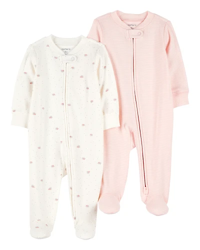Baby Girl 2-Pack 2-Way Zip Cotton Sleep & Play Pajamas - White/Pink
