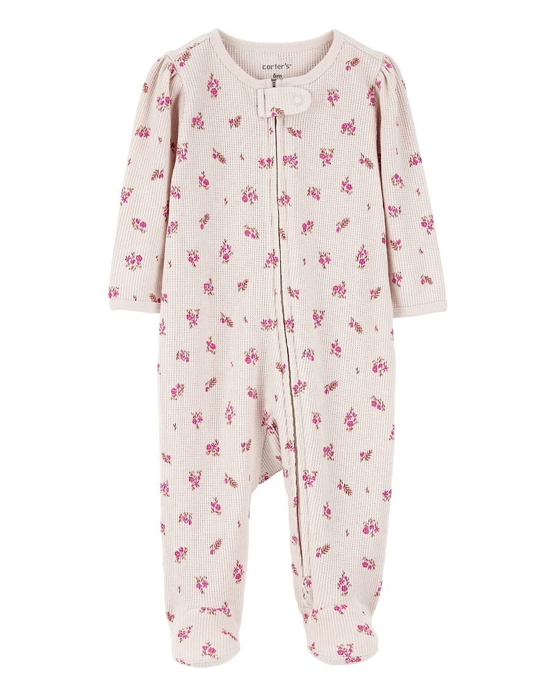 Baby Floral 2-Way Zip Waffle Knit Sleep & Play Pajamas - Khaki