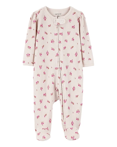 Baby Floral 2-Way Zip Waffle Knit Sleep & Play Pajamas - Khaki