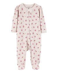 Baby Floral 2-Way Zip Waffle Knit Sleep & Play Pajamas - Khaki