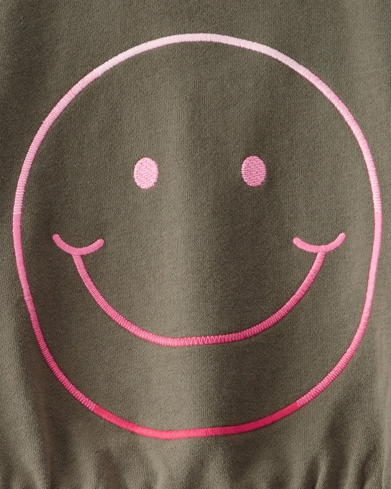 Girls 2-Piece Smiley Face Sweatshirt & Cargo Pants Set - Olive
