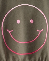 Girls 2-Piece Smiley Face Sweatshirt & Cargo Pants Set - Olive
