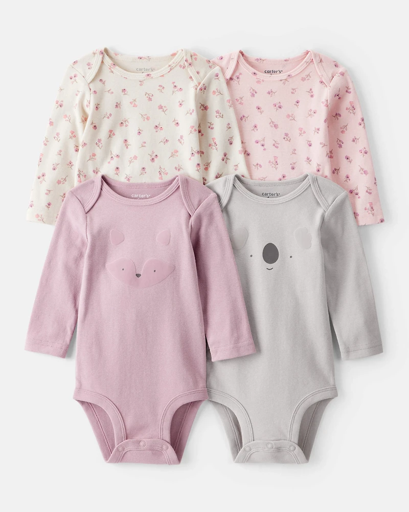 Baby Girl 4-Pack Koala Print Cotton Long-Sleeve Multipack Bodysuits - Purple/White/Pink