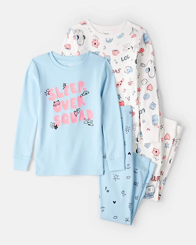 Girls 100% Cotton Snug Fit 4-Piece Pajamas - Blue/White
