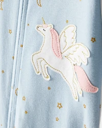 Baby Girl Unicorn Star Print 100% Cotton Long-Sleeve 2-Way Zip 1-Piece Pajamas - Blue