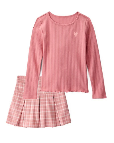 Girls 2-Piece Embroidered Heart Tee & Plaid Pleated Skirt Set - Pink