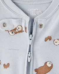 Baby Boy Otter 100% Cotton Snug Fit 2-Way Zip Footie 1-Piece Pajamas - Blue