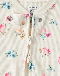 Baby Girl Floral Cotton Long-Sleeve Snug Fit 1-Piece Pajamas - White