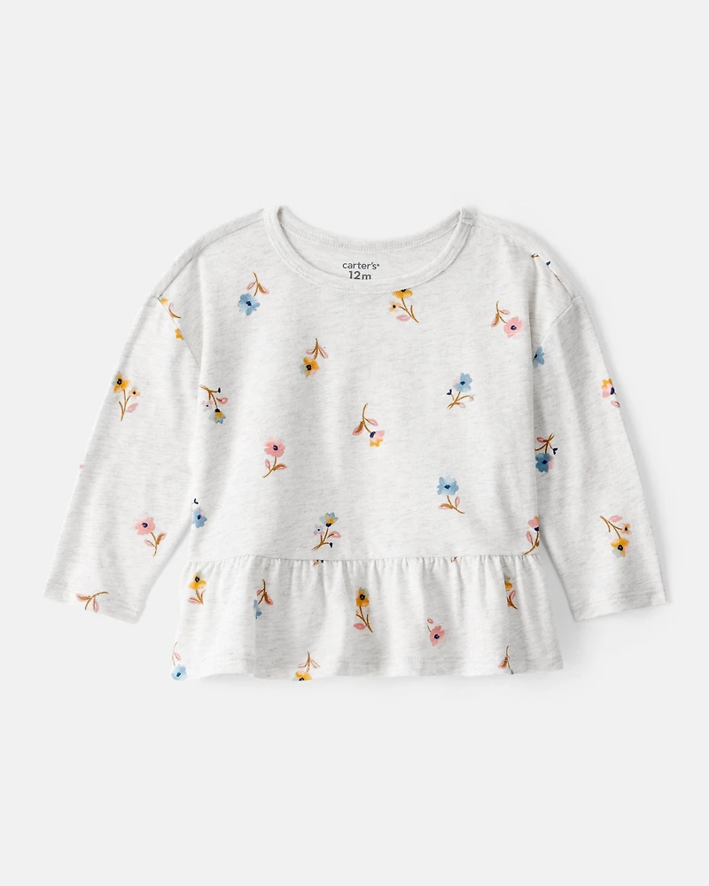 Baby Girl Floral Long-Sleeve Peplum Top - Grey