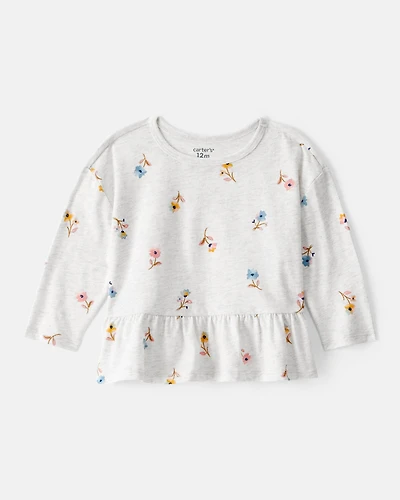 Baby Girl Floral Long-Sleeve Peplum Top - Grey