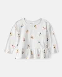 Baby Girl Floral Long-Sleeve Peplum Top - Grey